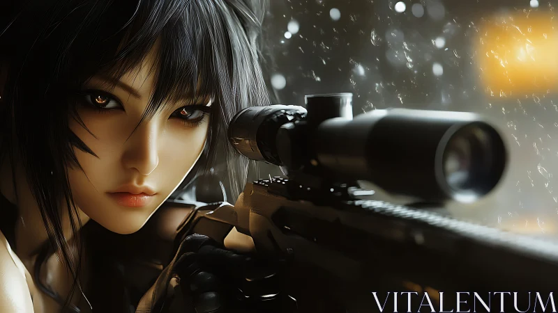 Female Sniper with Rifle Aiming in Rain.