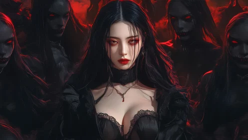 Gothic vampiric sorceress flanked by demonic wraith entourage