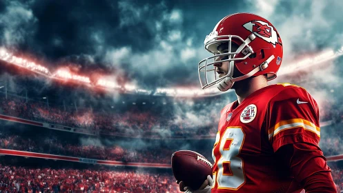 Red-uniformed football player stands focused in stormy stadium.