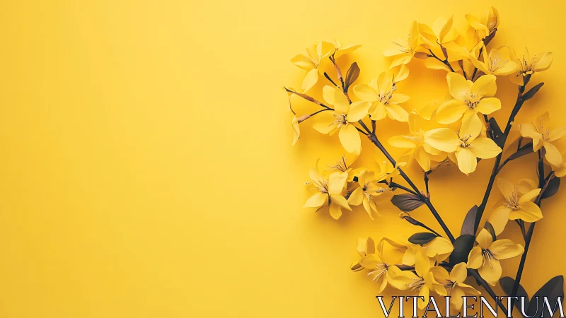 Yellow Forsythia Branches with Delicate Petals Against Monochromatic Gradient Background.
