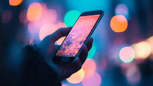 Hand holding smartphone against neon city bokeh lights