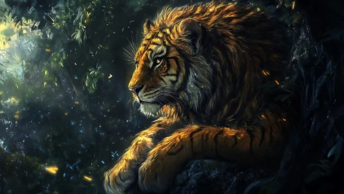 Tiger resting on forest ledge in dappled light at dusk.