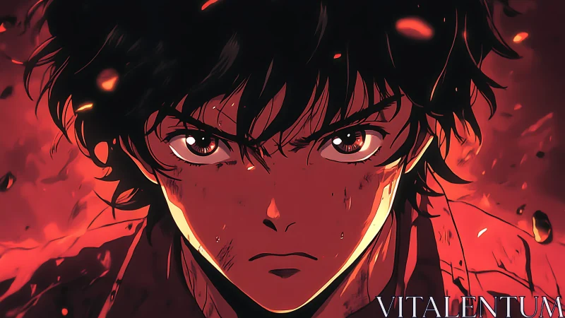Intense anime boy stares forward amid glowing red embers
