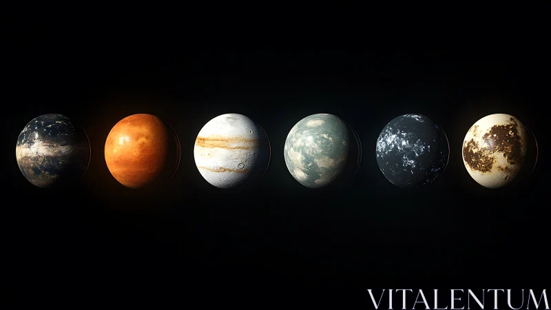 Row of stylized planets glows against deep black space.