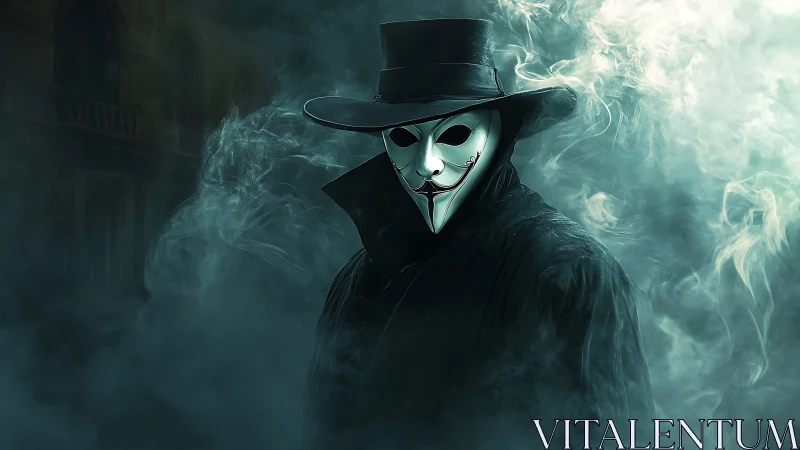 Shadowed maskwalker in emerald fog waits between worlds.