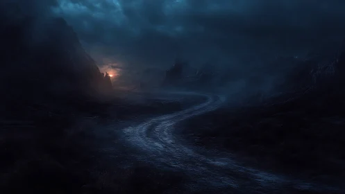 Winding wet road curves toward distant fiery mountain glow