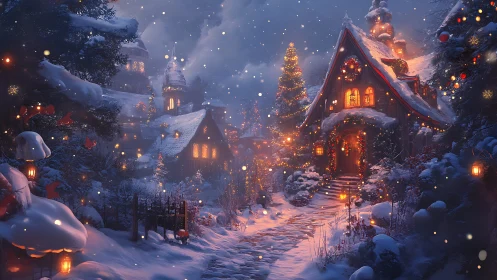 Luminescent alpine village under atmospheric winter snowfall.