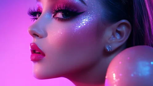 Neon glitter beauty portrait in vivid magenta lighting.
