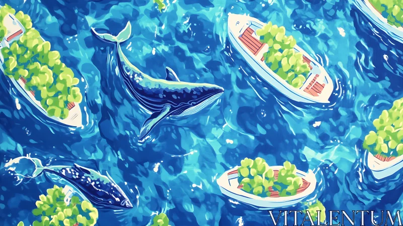 Whales and tree-filled boats in stylized blue ocean scene.