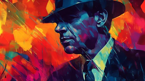 Digital painting noir portrait with chromatic brush abstraction.