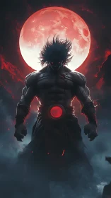 Shadow warrior rises beneath a blood moon in swirling gloom