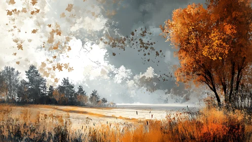 Autumn tree beside open field under dramatic sky.