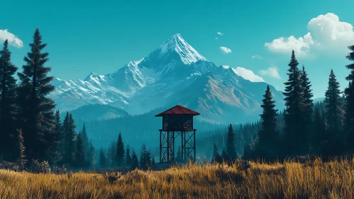 Digital painting of alpine watchtower in layered forest vista.