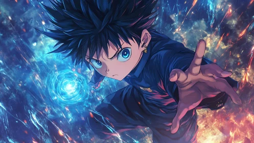 Dynamic anime sorcerer captured in high-energy perspective shot