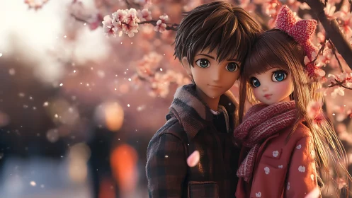 Anime couple standing under soft glowing cherry blossoms