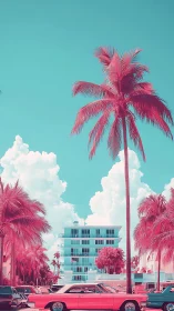 Retro palm-lined street with pastel building and classic cars.