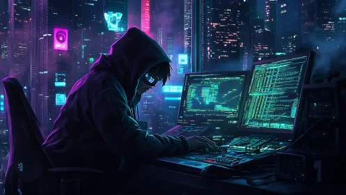 Neon-drenched hacker prowls code beneath a sleepless skyline.