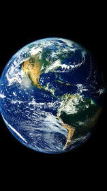 Earth from space reveals sunlit Americas, deep blue oceans.