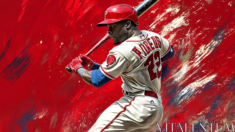 Baseball hitter readies swing amid explosive red backdrop.