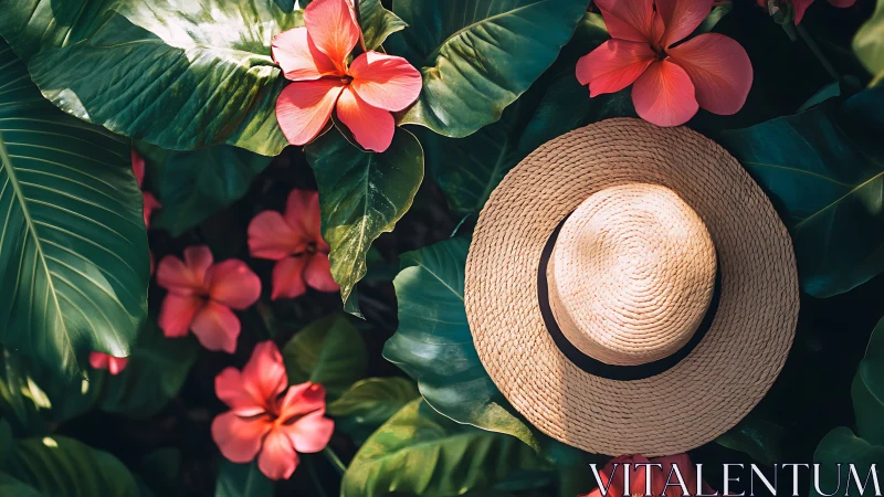 Straw Hat Among Red Flowers and Tropical Leaves.