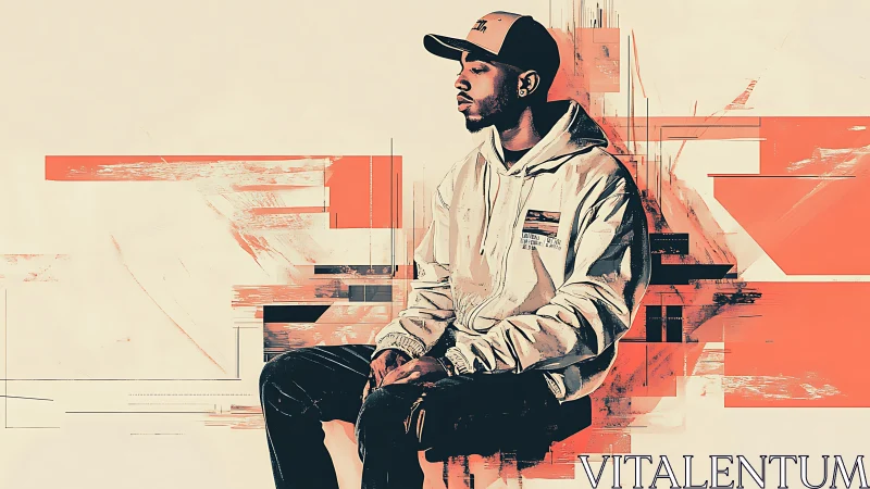 Urban portrait with abstract coral glitch geometry backdrop.