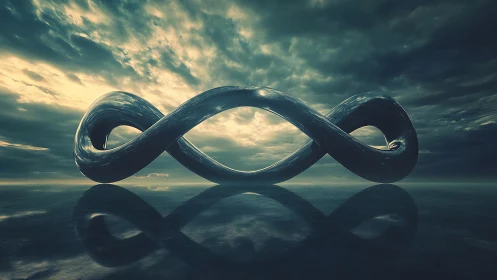 Reflective metallic infinity loop over stormy mirrored seascape
