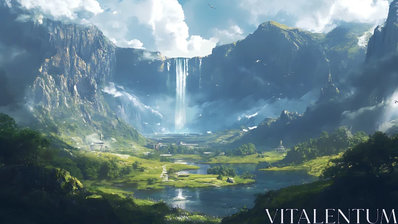 Sunlit fantasy valley unfolds beneath towering waterfalls