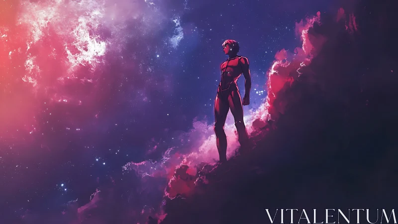 Starlit wanderer pauses at the nebula’s burning edge