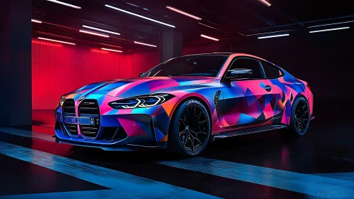 Cyberpunk coupe with prismatic geometric wrap in neon garage.