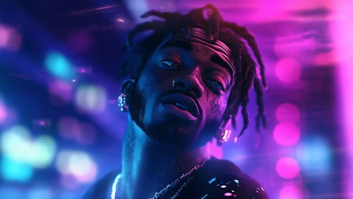 Digital portrait depicts tattooed man in neon bokeh lighting