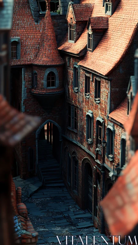 Sunlit red brick alleyway winding through old town homes.
