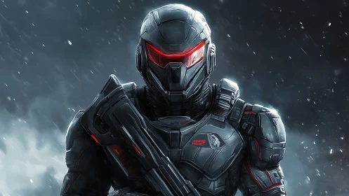 Armored cyber soldier poised in snowfall with glowing visor.