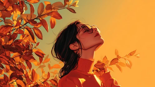 Chromatic side-lit portrait amid saturated autumn foliage.