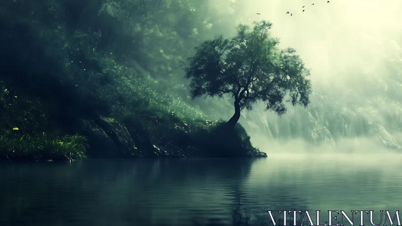 Solitary riverside tree drifts in emerald morning mist.