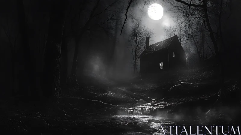 Moonlit forest cabin glowing softly beneath the misty sky.