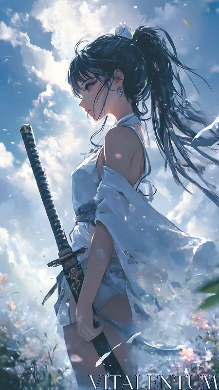 Skylit swordswoman pauses softly between clouds and blossoms