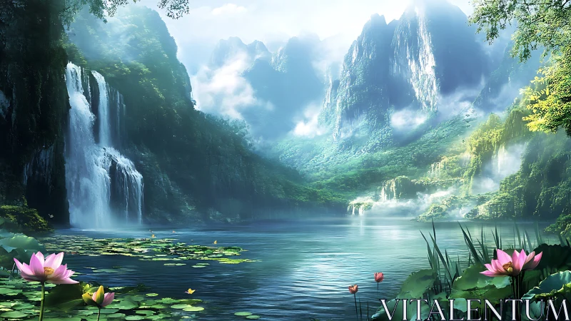 Dreamy waterfall valley wrapped in misty emerald mountains.
