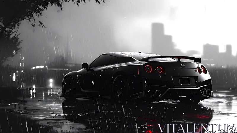 Black sports car parked on wet city street in heavy rain