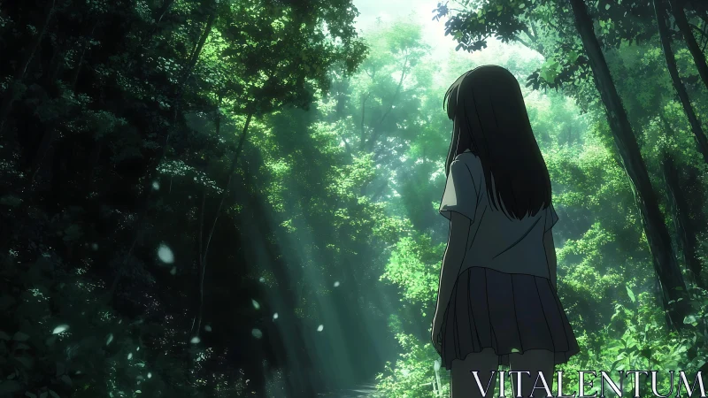 Backlit anime girl stands in dense forest under volumetric light