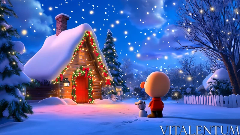 Snowy cottage with child and dog in winter night scene.