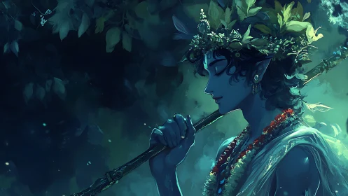 Blue-skinned flute bearer in moonlit foliage with floral wreath