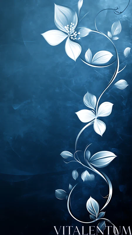 White stylized floral vine curves upward on dark blue background