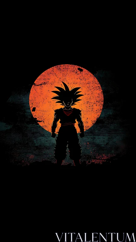 Silhouetted spiky-haired figure before textured red circle.