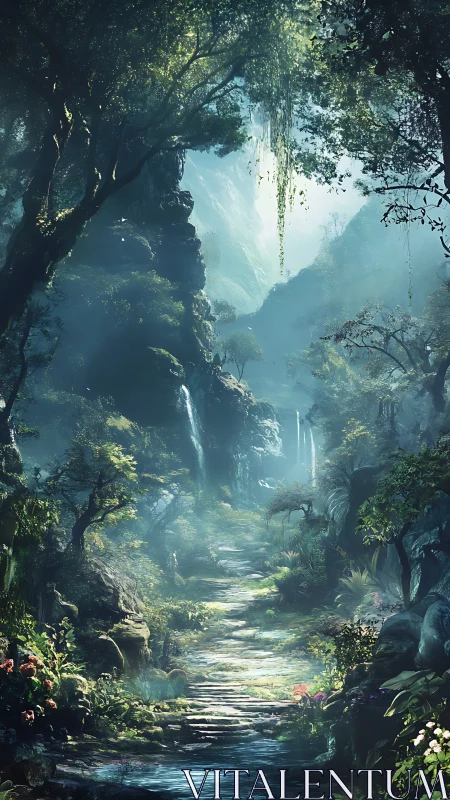 Enchanted Forest Canyon with Cascading Waterfalls and Mystical Light