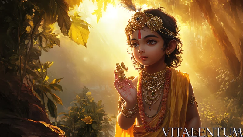Divine child in golden forest light with ornate jewelry