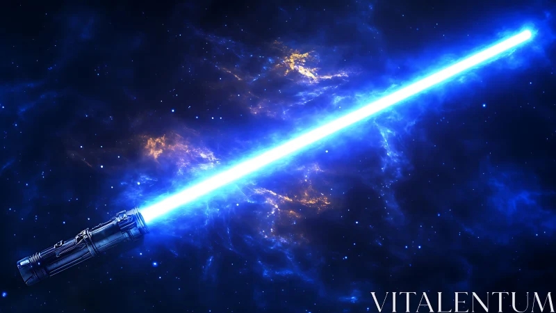 Stellar-blue plasma blade carving a path through nebulae.