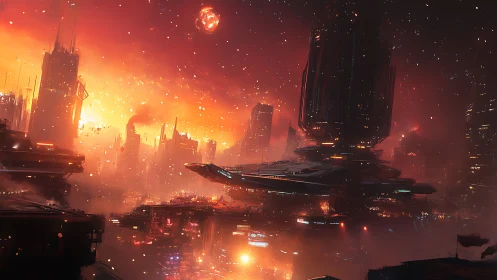High-density sci fi megacity under atmospheric inferno and orbital debris