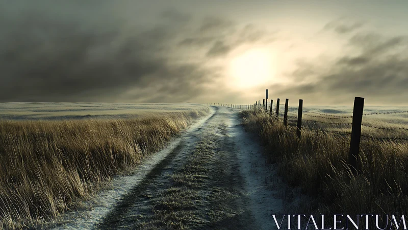 Frosted rural track recedes toward a backlit winter horizon