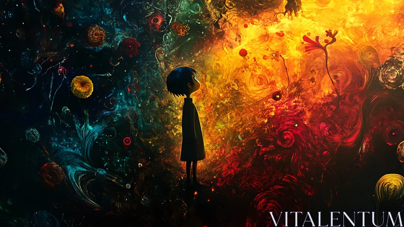 Child silhouette between nebular void and incandescent bloom