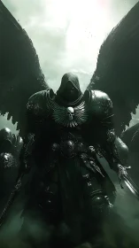 Grim winged sentinel strides through jade war-mist skies.